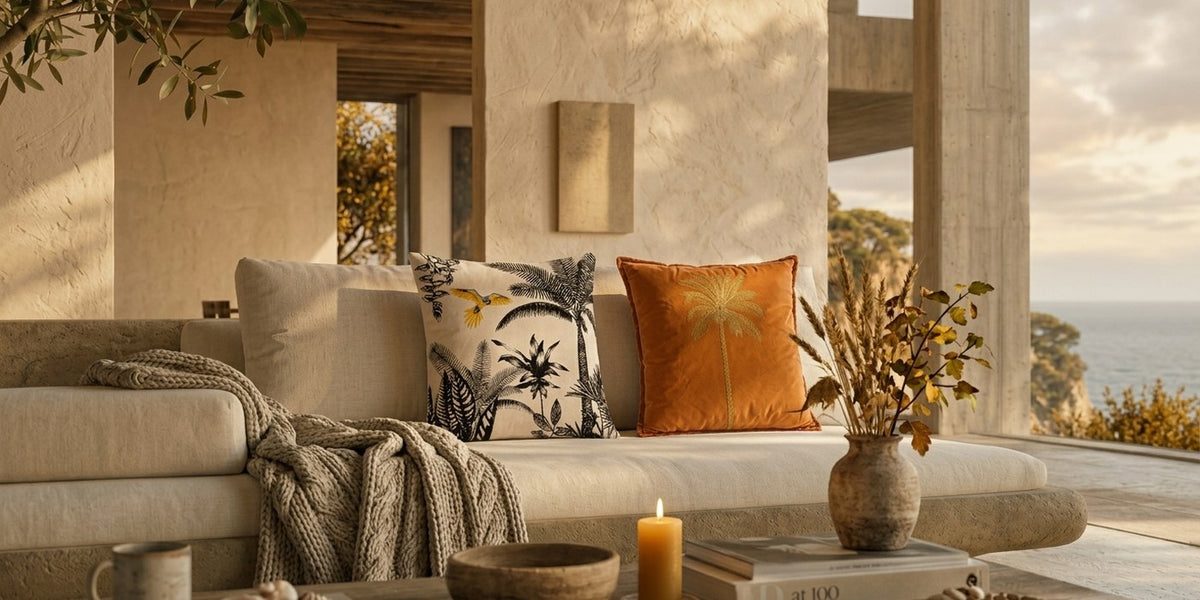 Dekokissen Orange Palme und Dekokissen Tropik Beige zusammen in einem Zuhause, Herbststimmung
