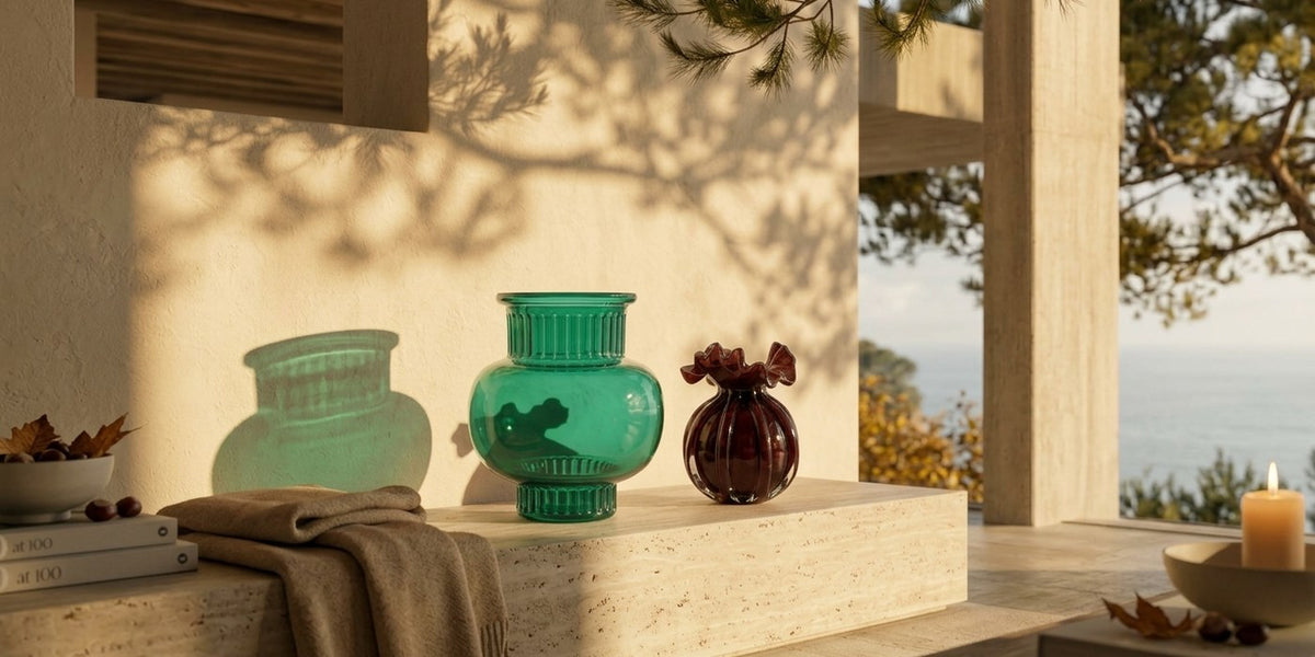 Glasvase Bordeaux kleine Form und Glasvase Grün klassische Form zusammen in einem Zuhause, Herbststimmung