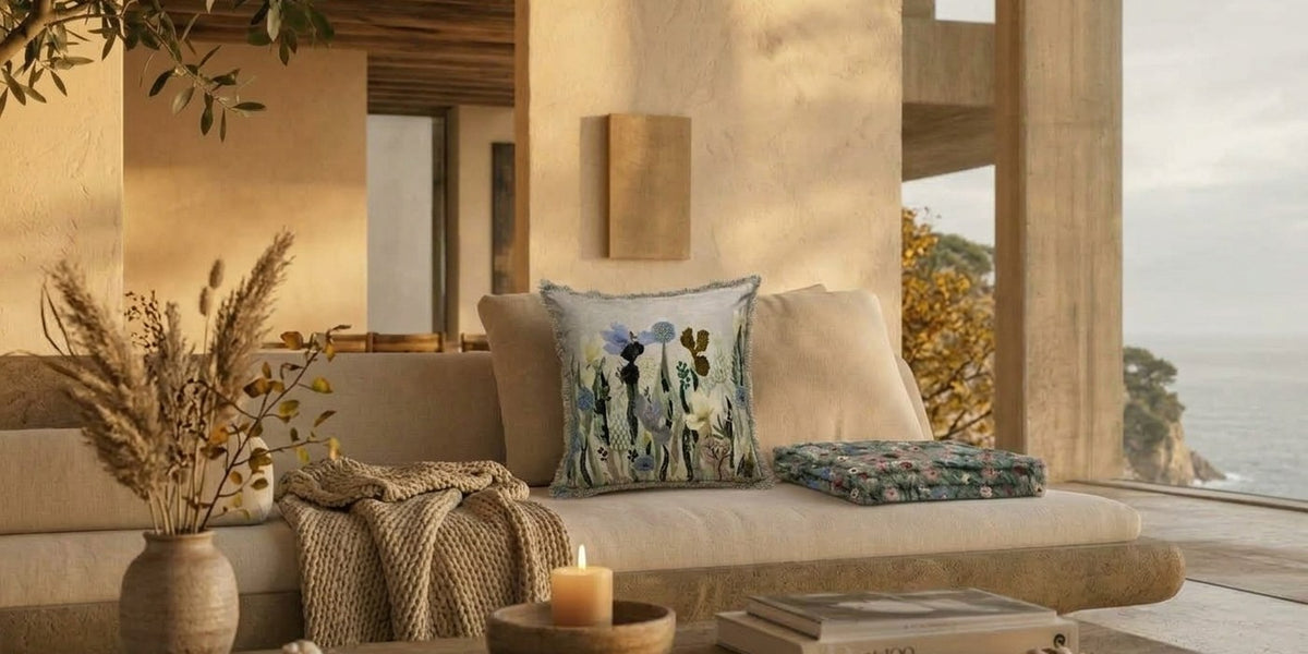 Dekokissen Floral 3D bestickt und Sitzkissen Blumen zusammen in einem Zuhause, Herbststimmung