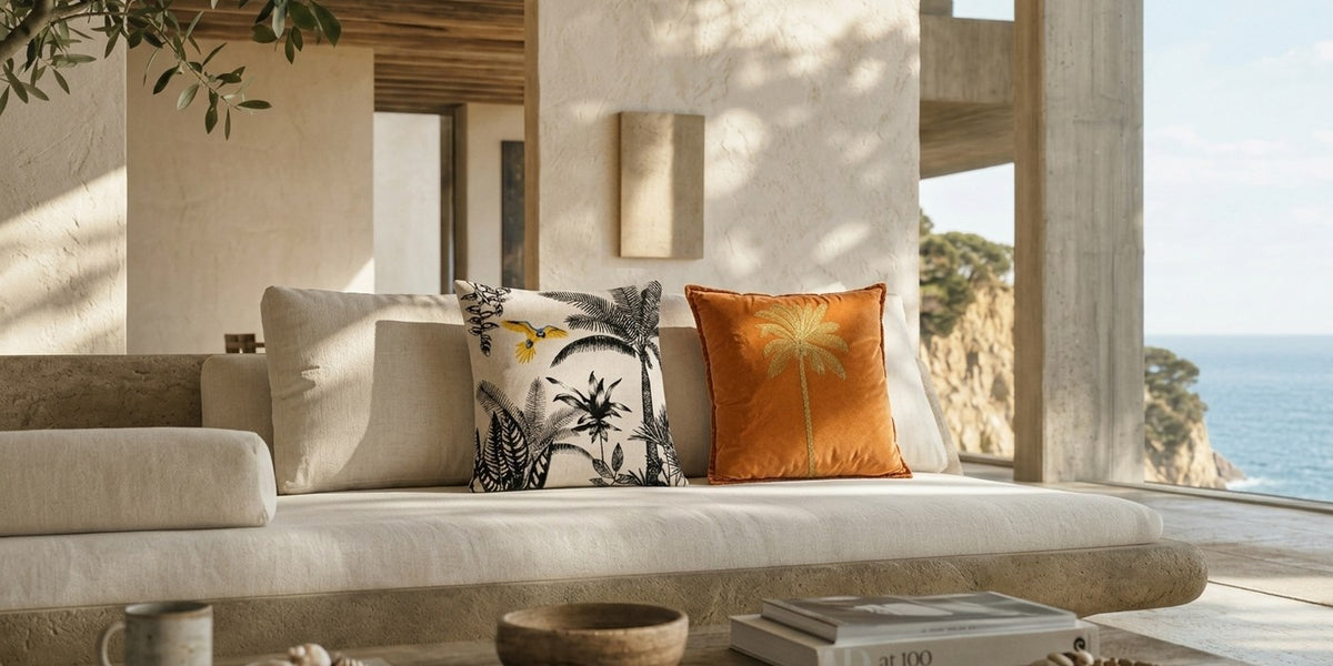 Dekokissen Orange Palme und Dekokissen Tropik Beige zusammen in einem Zuhause am Meer