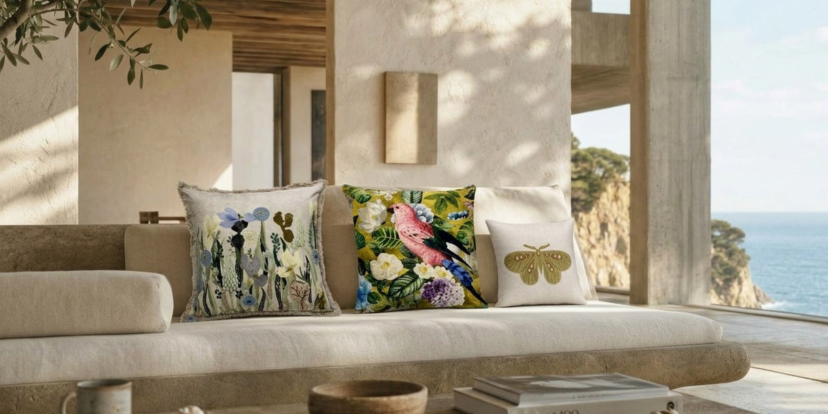 Dekokissen Schmetterling 3D Creme, Dekokissen Floral 3D bestickt und Dekokissen Vogel 3D bestickt zusammen in einem Zuhause am Meer