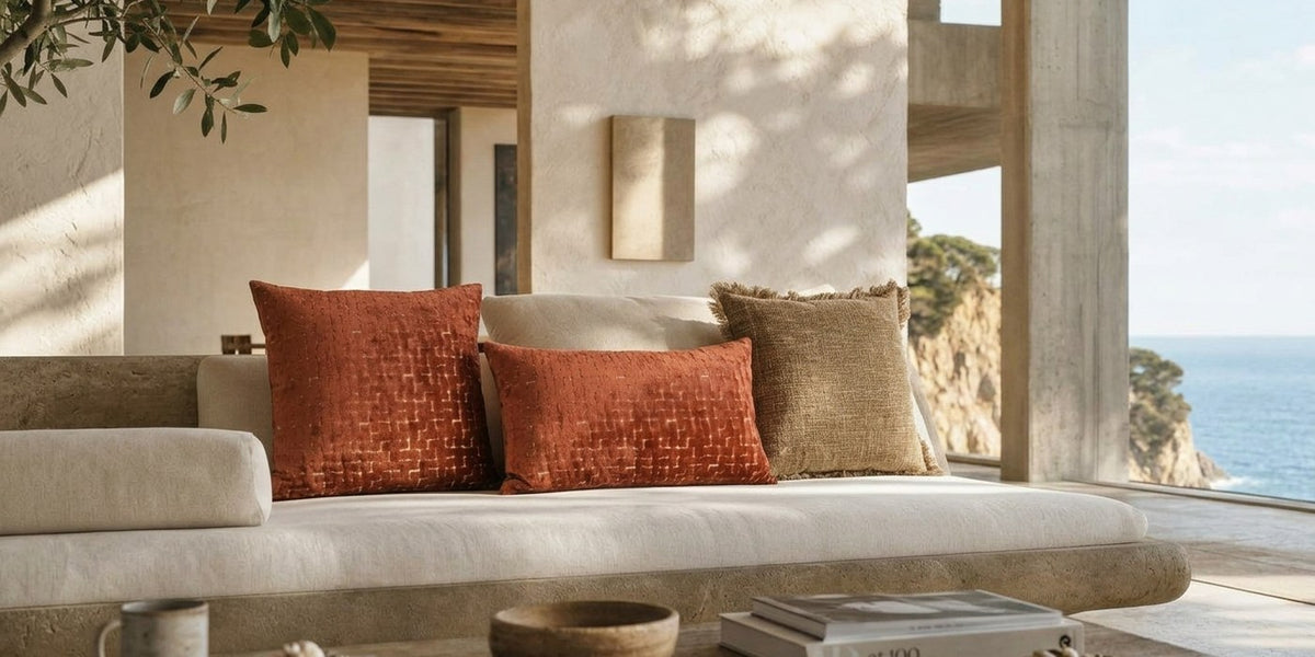 Dekokissen Chenille Terra 50cm, Dekokissen Chenille Terra 60cm und Dekokissen Terra 45cm zusammen in einem Zuhause am Meer