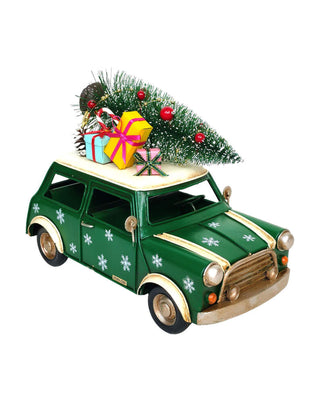 Retro-Deko-Auto in Grün mit Tannenbaum und Geschenk, ca. 25 cm, von LATÉLIO
