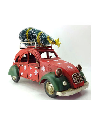 Retro-Deko-Auto in Rot und Grün mit Tannenbaum auf dem Dach, ca. 26 cm, von LATÉLIO