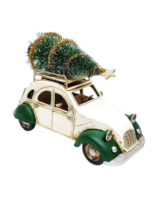 Retro-Deko-Auto in Creme und Grün mit Tannenbaum auf dem Dach, ca. 26 cm, von LATÉLIO