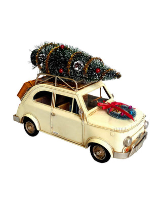 Retro-Deko-Auto in Creme mit Tannenbaum auf dem Dach, ca. 37 cm, von LATÉLIO