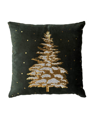 Dekokissen aus Samt in Dunkelgrün mit gesticktem goldenem Weihnachtsbaum, ca. 50 cm, von LATÉLIO