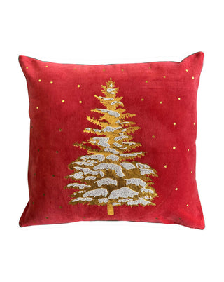 Dekokissen aus Samt in Rot mit gesticktem goldenem Weihnachtsbaum, ca. 50 cm, von LATÉLIO