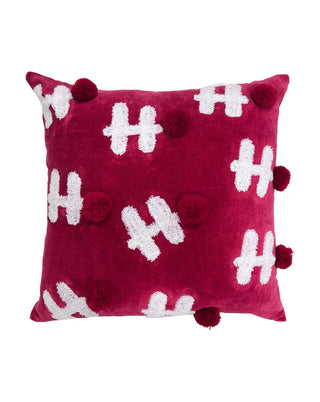 Dekokissen in Rot mit weißem Hohoho-Muster und Bommeln, ca. 45 cm, von LATÉLIO