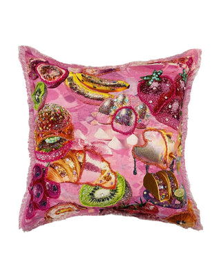 Dekokissen in Rosa, 3D bestickt mit Obst, Kuchen und Süßem, ca. 45 cm, von LATÉLIO