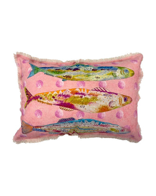 Dekokissen in Rosa mit drei gestickten bunten Fischen und Fransen, ca. 60 cm, von LATÉLIO