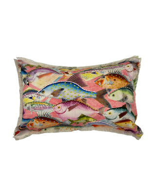 Dekokissen mit vielen gestickten bunten Fischen und Fransen, ca. 60 cm, von LATÉLIO