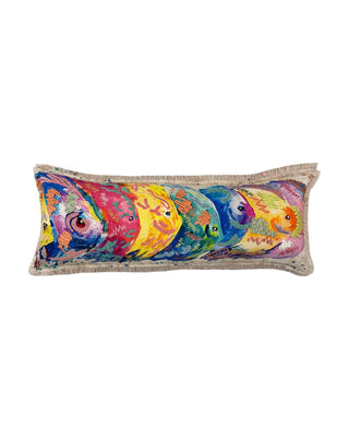 Langes Dekokissen mit gestickten bunten Fischen und Fransen, ca. 80 cm, von LATÉLIO