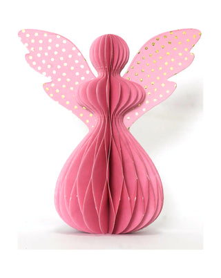 Stehender Engel aus Wabenpapier in Rosa mit gepunkteten Flügeln, in 20 und 50 cm, von LATÉLIO