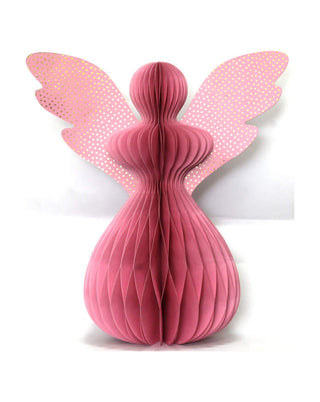 Stehender Engel aus Wabenpapier in Rosa mit gepunkteten Flügeln, Größe 50 cm