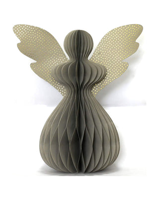 Stehender Engel aus Wabenpapier in Taupe mit gepunkteten Flügeln, ca. 50 cm, von LATÉLIO