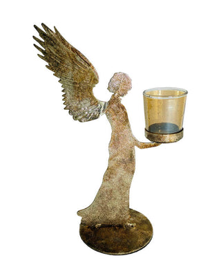 Stehender Engel in Burnt Gold mit Teelichtglas in den Händen, ca. 30 cm, von LATÉLIO