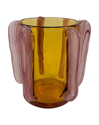 Glasvase in Orange-Bernstein mit rosa Glas-Henkeln, ca. 21 cm, von LATÉLIO