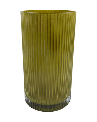 Hohe gerillte Glasvase in Olivgrün, ca. 28 cm, von LATÉLIO