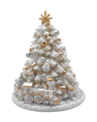 Spieluhr als weiß-goldener Weihnachtsbaum mit Zug auf Schienen, ca. 15 cm, von LATÉLIO