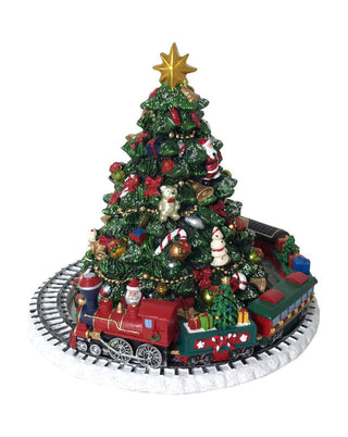 Spieluhr als Weihnachtsbaum mit buntem Zug auf Schienen, ca. 15 cm, von LATÉLIO