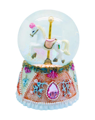 Spieluhr-Schneekugel mit weißem Karussellpferd auf verziertem rosa Sockel, ca. 12 cm, von LATÉLIO