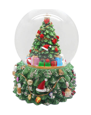 Schneekugel mit Tannenbaum und Geschenken auf grünem Tannen-Sockel, ca. 17 cm, von LATÉLIO