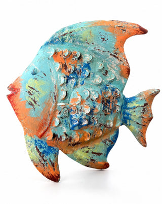 Deko-Fisch aus Metall stehend in Blau und Orange, handbemalt von LATÉLIO
