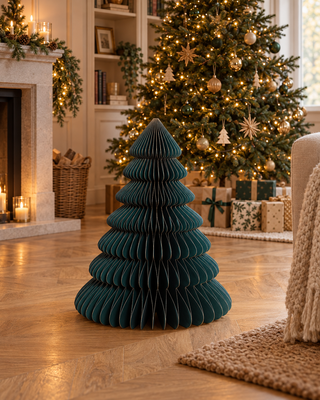 Papier Baum stehend petrol vor einem geschmückten Weihnachtsbaum