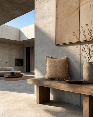 Dekokissen Terra mit Struktur, auf einer Sitzbank aus Beton im Wohnraum