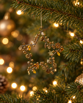 Perlen Stern bernstein an einem Weihnachtsbaumzweig mit Lichterkette