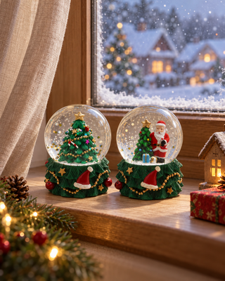 Zwei Schneekugeln mit Baum auf einer Fensterbank mit Leinenvorhang