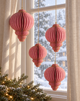 Papier Ornamente hängend rosa im Fenster