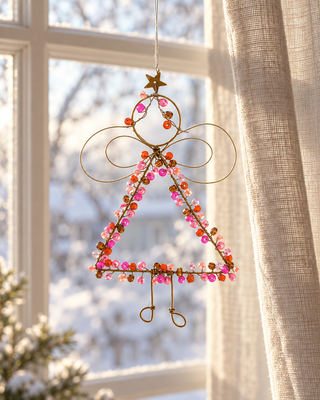 Perlen Engel pink orange vor einem Fenster mit Leinenvorhang