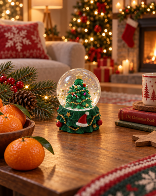 Schneekugel Baum auf einem Couchtisch mit Tannenzweig und Mandarinen