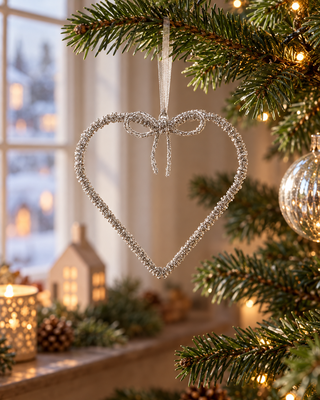 Perlen-Herz Silber mit Schleife am Weihnachtsbaum am Fenster