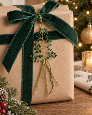 Tannenbaum hängend Grün mit Pailletten an einem Geschenk mit grüner Samtschleife