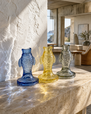 Kerzenständer aus Glas in Fischform, dreifarbig in Blau, im Sonnenlicht auf einer Konsole