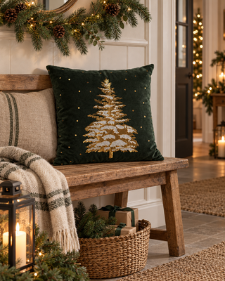 Kissen Samt grün Weihnachtsbaum gold auf einer Holzbank mit Tannengirlande