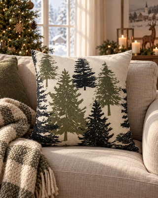Kissen Samt Baum Winter grau auf einem Leinensofa