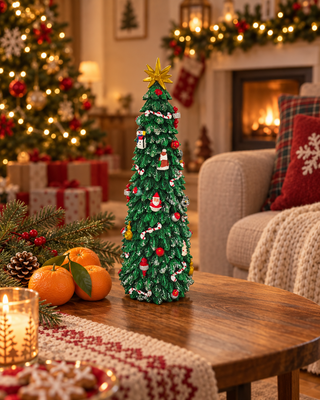 Spieluhr Weihnachtsbaum bunt 30 cm auf einem Couchtisch mit Tannenzweig und Mandarinen