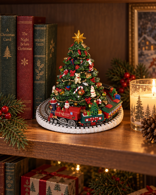 Spieluhr Weihnachtsbaum mit Zug bunt im Bücherregal neben einer Kerze