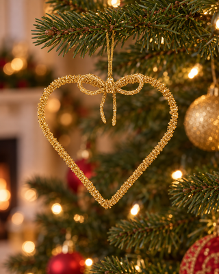 Perlen-Herz Gold mit Schleife am Weihnachtsbaum