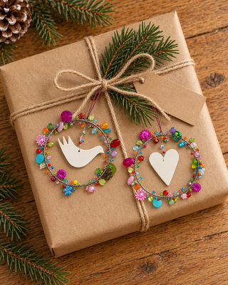 Perlen Kreis Taube und Herz an einem Geschenk mit Kordel