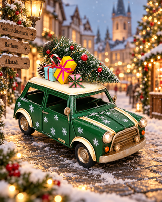 Deko-Auto Grün mit Tannenbaum auf einer verschneiten Altstadtgasse