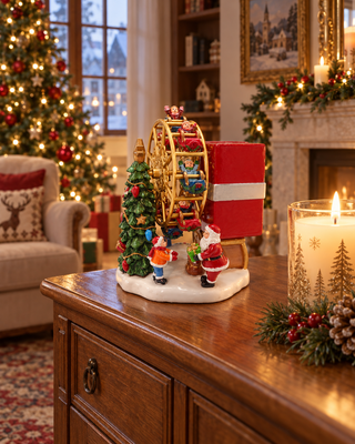 Spieluhr Weihnachtsbaum mit Geschenken auf einem Sideboard neben einer Kerze