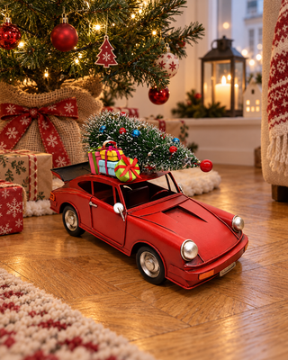 Deko Retroflitzer rot auf Eichenparkett unter einem kleinen Weihnachtsbaum