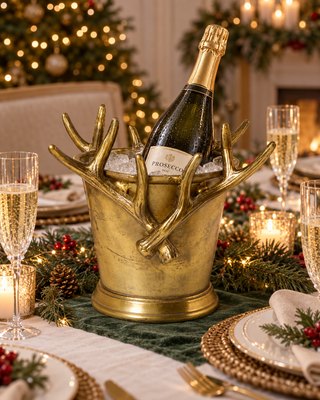 Deko-Gefäß mit Geweih Gold Antik mit Sektflasche auf der festlichen Tafel