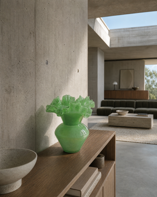 Glasvase Jade, grüne Vase mit geschwungenem Rüschenrand, auf einem Sideboard im hellen Wohnraum