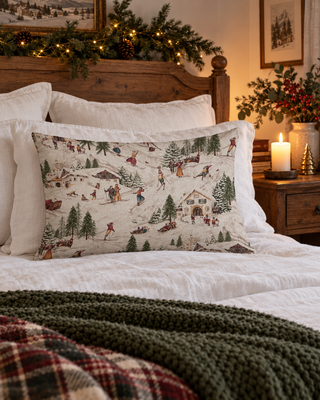 Kissen Winterlandschaft auf einem Bett mit weißem Leinen